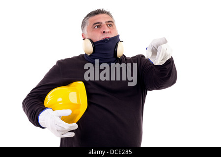 Bauarbeiter voraus Blick auf etwas zeigen Stockfoto