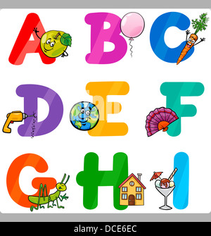 Cartoon Illustration lustig Großbuchstaben-Alphabet mit Objekten für Sprache und Wortschatz Bildung Stockfoto