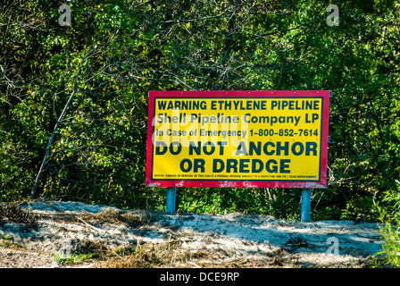 USA, Louisiana, Atchafalaya Basin, mit C. C. Lockwood, Atchafalaya River Bank Beschilderung für Ethylen-gas-Pipeline. Stockfoto