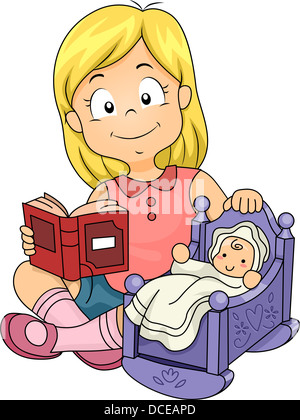 Illustration der kleine junge Mädchen spielen mit Baby Doll beim Lesen eines Buches Stockfoto