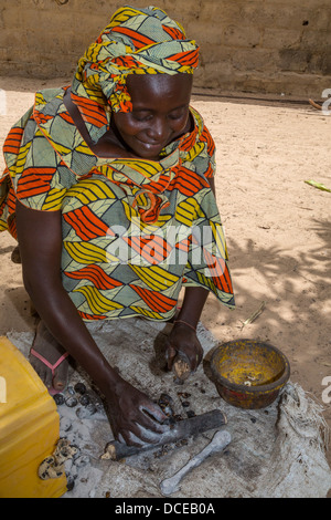 Dorf Frauen entfernen Rümpfe von Cashew-Nüssen, Nixo Dorf in der Nähe von Sokone, Senegal. Serer ethnische Gruppe. Stockfoto