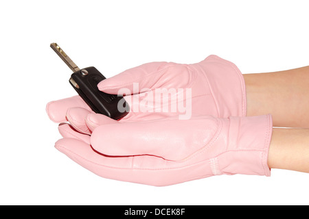 Hände in eleganten rosa Handschuhe Automobil Taste gedrückt halten Stockfoto