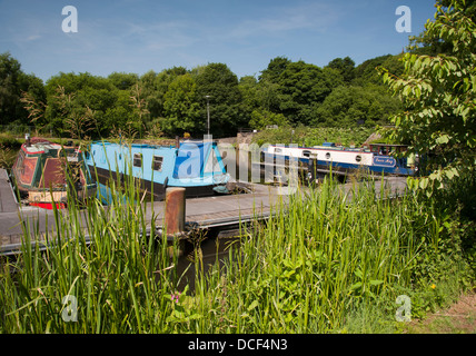 verschiedene Arten des Bootes an ihre Liegeplätze auf Calder und Hebble Kanal in Halifax West yorkshire Stockfoto