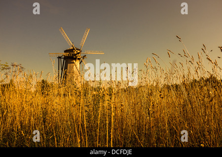 Hölzerne Windmühle auf dem Feld in der sunset Farbe Stockfoto