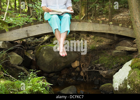 Lesung von Frau sitzend auf eine Wald-Brücke, Algonquin Park, Ontario, Kanada Stockfoto