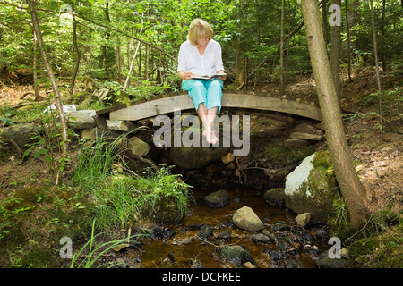 Lesung von Frau sitzend auf eine Wald-Brücke, Algonquin Park, Ontario, Kanada Stockfoto