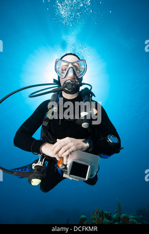 Taucher schwimmen über ein tropisches Korallenriff vor der Insel Roatan, Honduras. Stockfoto