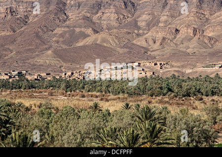 Dorf und Palm Grove. Draa-Tal, Marokko Stockfoto