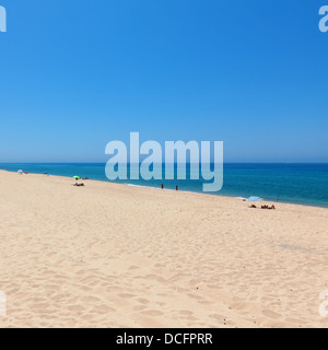 Wunderschönen tropischen Strand mit Badegäste entspannen auf einer Fläche von goldenem Sand neben einem ruhigen blauen Ozean in der Sommersonne Stockfoto