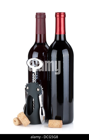 Zwei roten Wein in Flaschen, Korken und Korkenzieher. Isoliert auf weißem Hintergrund Stockfoto