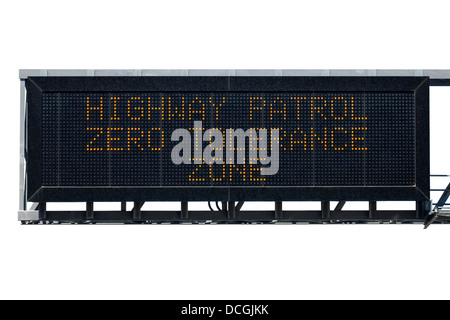Autobahnpolizei Null Toleranz Bereich Elektro Warnzeichen isoliert. Stockfoto