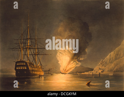 Vintage Marinegeschichte Drucken mit der Explosion des Dampf-Fregatte United States-Missouri, in Gibraltar, 26. August 1843. Stockfoto