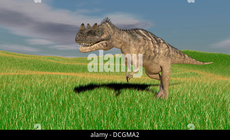 Ceratosaurus Jagd im prähistorischen Grasland. Stockfoto