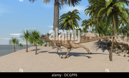 Ceratosaurus quer durch eine tropische Landschaft. Stockfoto