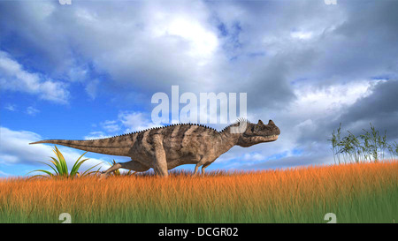 Ceratosaurus Jagd im prähistorischen Grasland. Stockfoto