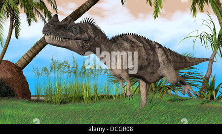 Ceratosaurus Jagd in einer prähistorischen Umgebung. Stockfoto