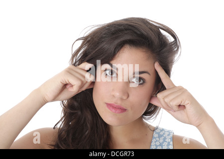 Junge Frau denken und bleiben vor Der Wettbewerb Neue Ideen für Unternehmen Stockfoto