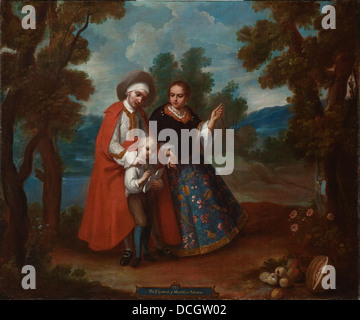 „De espanol y morisca, albino“ (Casta Painting) ist Teil der Sammlung von LACMA, die die komplexe Rassen- und Sozialhierarchie der lateinamerikanischen Kolonialgesellschaft durch visuelle Kunst darstellt. Stockfoto