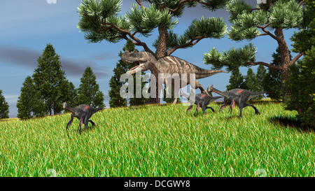 Ceratosaurus jagt eine Gruppe von Gigantoraptors. Stockfoto