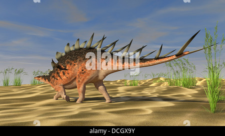 Kentrosaurus zu Fuß auf einer kargen Landschaft. Stockfoto