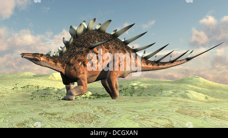 Kentrosaurus zu Fuß auf einer kargen Landschaft. Stockfoto