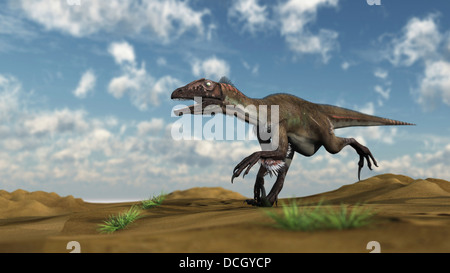 Utahraptor quer durch eine Wüste. Stockfoto