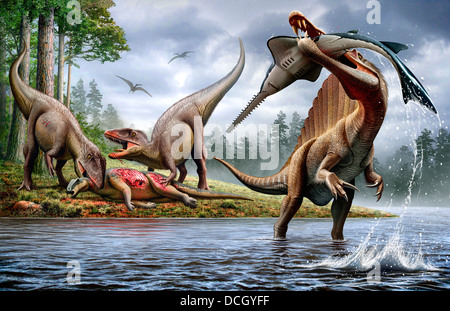 Ein Spinosaurus Jagd ein Onchopristis, während zwei Carcharodontosaurus die Karkasse Ouranosaurus im Hintergrund Essen... Stockfoto