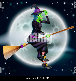 Ein Cartoon Halloween Hexe Charakter fliegen vor einem großen Vollmond Stockfoto