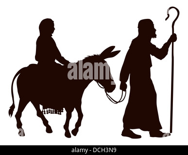 Silhouette-Illustrationen von Maria und Josef, die Reise mit einem Esel auf der Suche nach einem Ort, an Heiligabend zu bleiben. Stockfoto