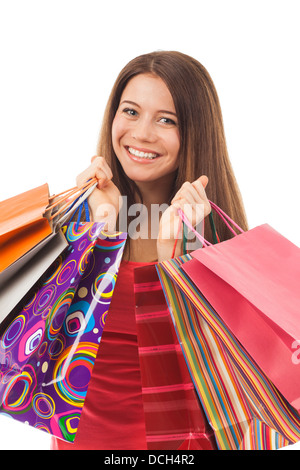 Schöne Frau mit Einkaufstüten, isoliert auf weiss Stockfoto