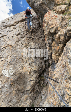 weibliche Bergsteiger auf Col Rodella Klettersteig, Dolomiten Stockfoto