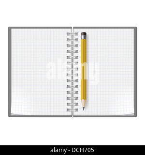 Notebook mit Blättern in einem Käfig und gelben Bleistift. Abbildung auf weiß Stockfoto