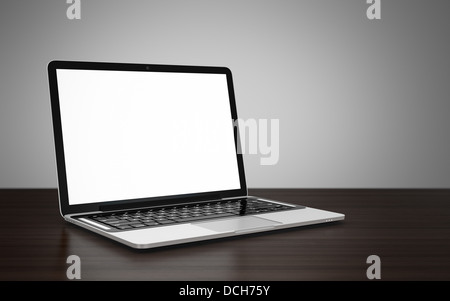 3D-Bild eines modernen Laptop mit leeren Bildschirm auf Holztisch neben grauen Wand Stockfoto