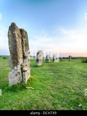 Sonnenuntergang auf die Hurlers Stone Circle an Schergen in der Nähe von Bodmin Moor in Cornwall Liskeard Stockfoto