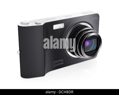 3D Darstellung der modernen Digitalkamera isoliert auf weißem Hintergrund Stockfoto