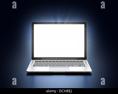 3D Darstellung der modernen Laptop mit leuchtenden Bildschirm auf dunkelblauem Hintergrund Stockfoto