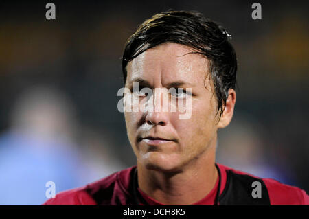 17. August 2013 - Rochester, NY, Vereinigte Staaten von Amerika - 17. August 2013: Western New York Flash forward Abby Wambach #20 wartet von ESPN interviewt werden, nachdem der Western New York Flash Boston Breakers 2-1 Sahlen Stadion in Rochester, NY besiegt. Stockfoto