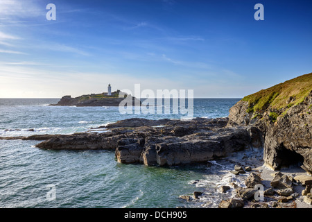 Godrevey-Insel und der Leuchtturm am Gwithian in Bucht von St. Ives, Cornwall Stockfoto