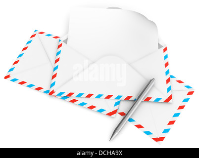 3D-Illustration Briefumschlag und Metall Stift isoliert auf weißem Hintergrund Stockfoto
