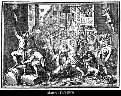 die fettarme Milch Aufstand im jüdischen Ghetto, die Plünderung der jüdischen Gasse in Frankfurt Am Main, Hessen, Deutschland, 1614, Stockfoto