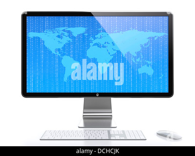 Computer-Monitor mit Weltkarte und fliegen Ziffern auf dem Bildschirm isoliert auf weißem Hintergrund Stockfoto