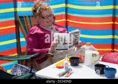 Picknicktisch in Lytham, Blackpool. August 2013. Hilary Wilkinson aus Leigh liest das Veranstaltungsprogramm des Lytham 1940's Wartime Festivals in Lytham Green, Lancashire, Großbritannien. Stockfoto