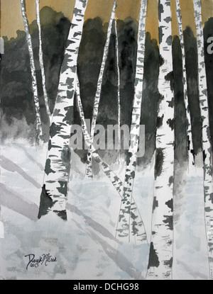 Birke Baum Landschaft Schnee Winter Aquarell Stockfoto