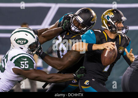 East Rutherford, New Jersey, USA. 19. August 2013. 17. August 2013: New York Jets Linebacker Ricky Sapp (55) schaut, um vorbeizukommen, Jacksonville Jaguars offensive Linienrichter Cameron Bradfield (78) auf seinem Weg zum Sack Quarterback Chad Henne (7) während die NFL Vorsaison Spiel zwischen den Jacksonville Jaguars und die New York Jets MetLife Stadium in East Rutherford, New Jersey. Die Jets gewinnen 37-13. Bildnachweis: Csm/Alamy Live-Nachrichten Stockfoto