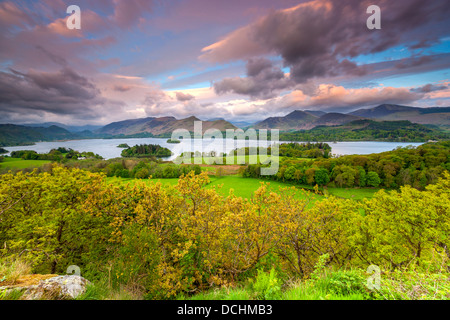 Blick vom Castlehead Holz Aussichtspunkt in der Nähe von Castlerigg Dorf über Derwent Water (Derwentwater) in Richtung Derwent Fells. Stockfoto