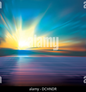 abstrakter blauer Hintergrund mit Wolken und Meer Sonnenaufgang Stockfoto