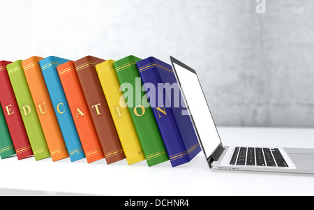 Computergenerierte 3D Illustration der bunten Bücher in einer Reihe. Elektronische Bildungskonzept. Stockfoto
