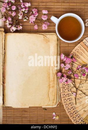 Alte leere Buch mit grünem Tee Stockfoto