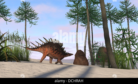 Kentrosaurus zu Fuß über eine prähistorische Landschaft. Stockfoto