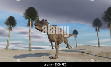 Ceratosaurus quer durch eine karge Landschaft. Stockfoto